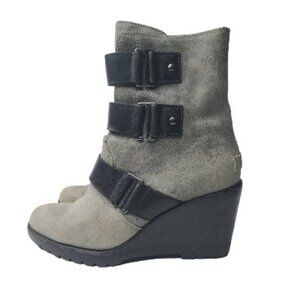 Sorel Gray Suede Wedge Ankle Boots with Black Straps